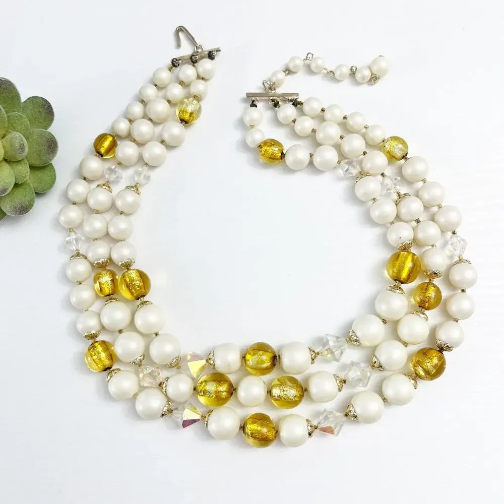 Vintage Mid-Century 3-Strand Faux Pearl Gold & AB Necklace